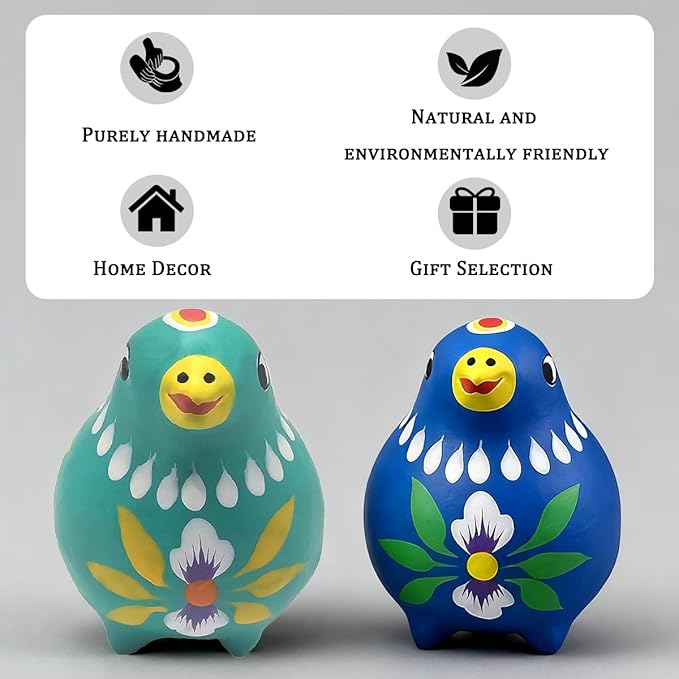 Decorative Clay Bird Figurines Hand-Painted Folk Art Design Collectible Smal Figurines Holiday Birthday Couples Friend Unique Gift Idea Decorative Home Art Table Bring Good Luck (Turquoise)