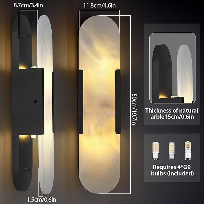 19.7 in Matte Black Alabaster Wall Sconces, Natural Marble Wall Sconces Indoor Alabaster Sconces for Living Room Modern Alabaster Sconces Wall Lighting for Dining Room Stairs Bedroom