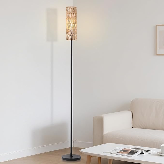 Floor Lamp for Living Room,Farmhouse Rattan Floor lamp,Modern Standing lamp with Hand-Worked Rattan Shade,Black Tall Lamp with Foot Switch,LED Bulb Included Black