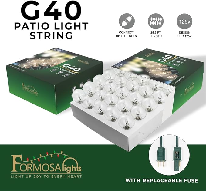 G40 26ft Indoor/Outdoor Clear Incandescent Christmas String/Patio Light with 25 Bulbs and E12 Base | 120V, 5W