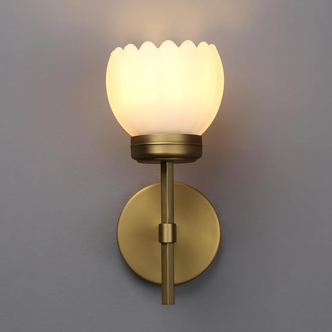 Yosoan Brass Boho Indoor Vintage Wall Sconce Set of 2, Modern Vanity Gold Industrial Hardwired Wall Mounted with Milk Transparent Tulip Flower Shade for Living Room Bedroom Kitchen Hallway(Antique)