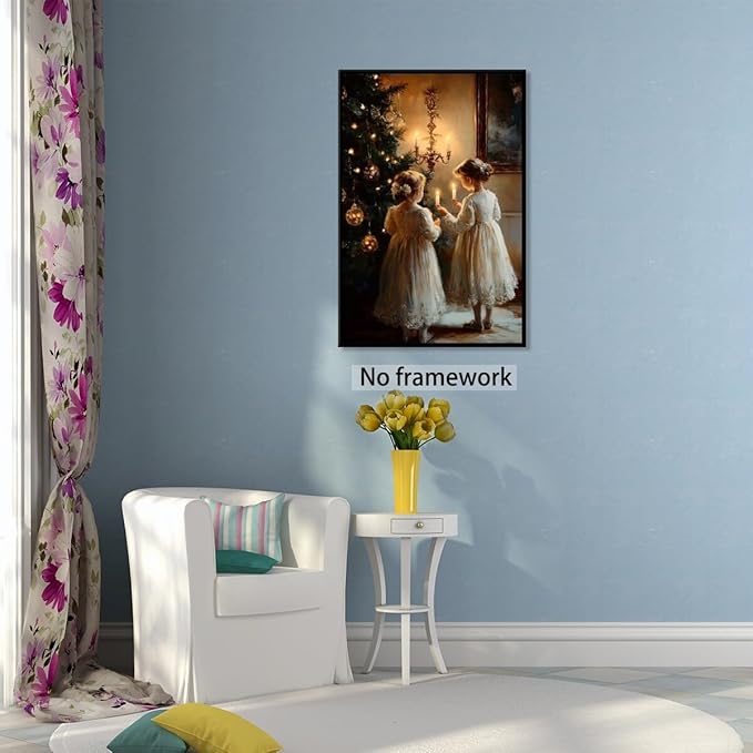 Vintage christmas wall art christmas tree wishing girl canvas poster winter room holiday decoration for farmhouse cabin living room bedroom Unframed12x16inch