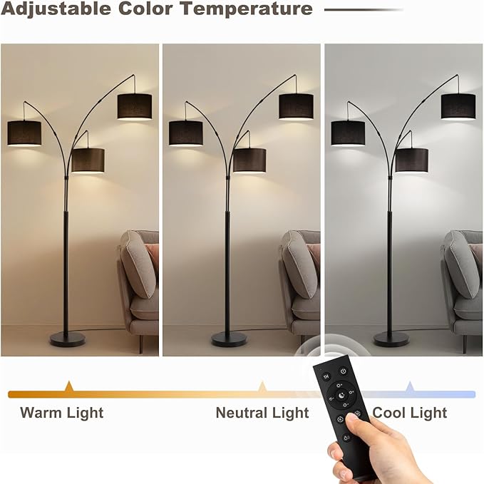 Floor lamp with Remote, 3 Light Arc Floor Lamps for Living Room, 2400LM Tall Standing Floor Lamps with Black Shades, 80" Large Floor Lamp for Bedroom, Office