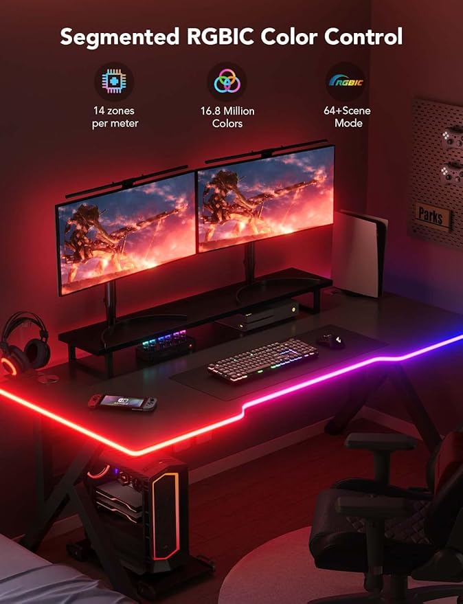 Govee RGBIC Gaming Lights, 10ft Neon Rope Lights Soft Lighting for Gaming Desks, LED Strip Lights Syncing with Razer Chroma, Support Cutting, Smart App Control, Music Sync, Adapter (Only 2.4G Wi-Fi)
