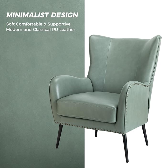 HULALA Home Faux Leather Accent Chair Set of 2 w/Removable Cushion, Comfy Upholstered Armchair with Metal Legs & Nailhead Trim Wingback Vanity Chair Desk Chair for Reading Living Room Bedroom, SAGE