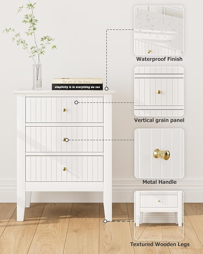 Fluted Nightstand, Farmhouse Night Stand with 3 Drawers, Mid Century Modern Side Accent Table,Bedside End Table for Bedroom, Living Room, White