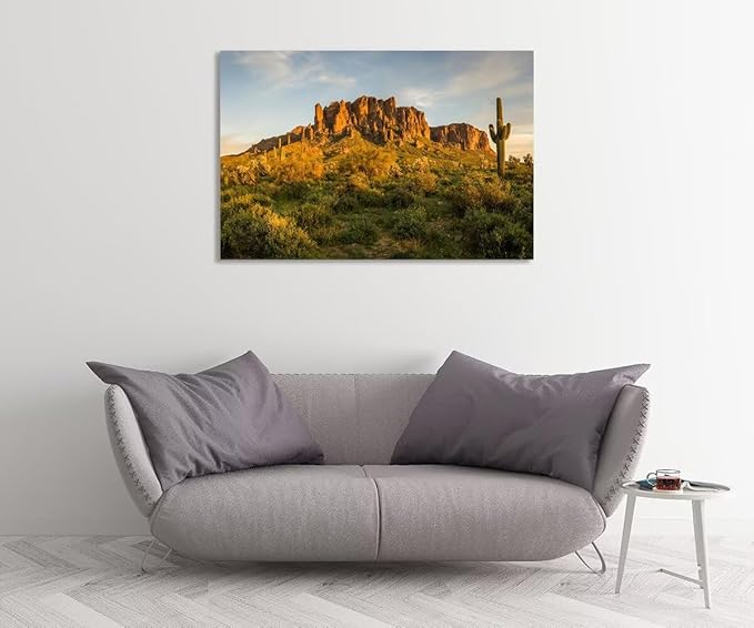 Sunset at Superstition Mountain Wall Art for Living Room Bedroom Bathroom Home Decorations USA AZ Cactus Picture Poster Canvas Prints Framed Ready to Hang(24''H x 36''W)