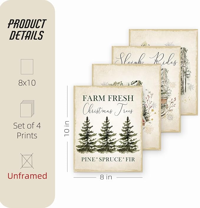 ETVISO Vintage Christmas Wall Decor Prints, Retro Christmas Tree Pictures Wall Art Decorations for Living Room Bedroom Kitchen Bathroom Office, Winter Holidays Gift Poster Set of 4 (8x10 Unframed)