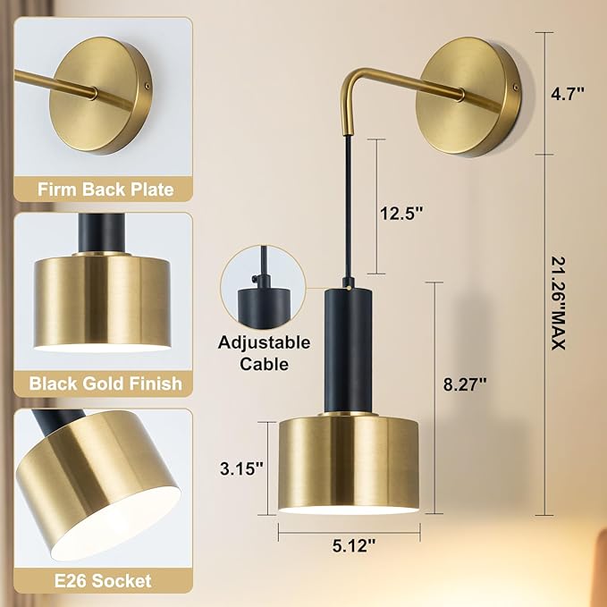 Battery Operated Wall Sconces Set of 2,Black Gold Wireless Sconce Wall Lighting Dimmable Indoor,E26 Base Modern Led Wall Lamp Fixtures for Bedroom Living Room Hallway Corridor Porc