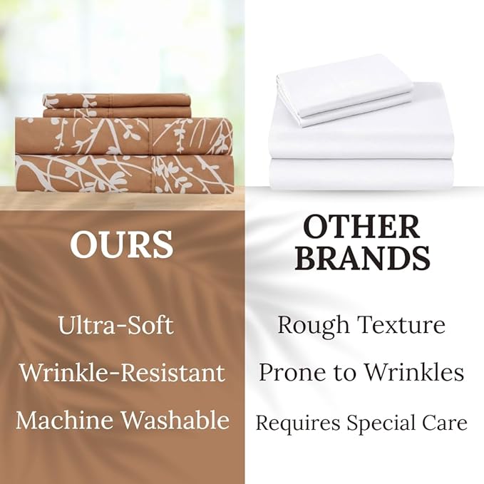 Spirit Linen home Twin Sheets Sets - Pure Microfiber 3 Piece Polyester Bed Sheets, Fitted Sheet & Pillow Cases - Twin Sheets for All Seasons (Foliage Taupe/White, Twin/Twin XL)