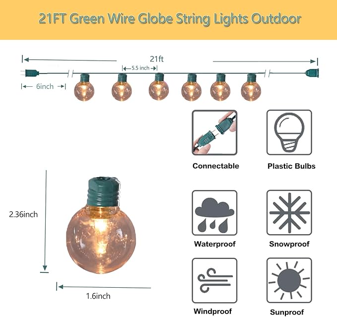 Vigdur Outdoor String Lights 21FT Patio Lights with 35 Shatterproof G40 Plastic Bulbs, Outside Hanging Light Waterproof for Porch Deck Garden Backyard Party