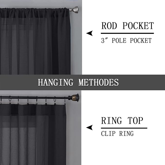 Tollpiz Sheer Curtains Linen Textured Bedroom Curtain Sheers Light Filtering Rod Pocket Voile Curtains for Living Room, 54 x 84 inches Long, Black, Set of 2 Panels