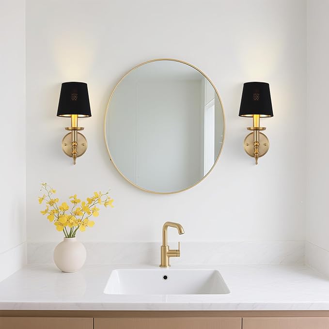 Modern Wall Sconce Industrial Mid Century Bathroom Vanity Wall Light Brushed Brass Finished Frame and Black Linen Shade Wall Mount Lights for Living Room Bedroom Stairs Corridor Mirror
