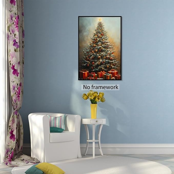 Vintage christmas wall art winter pine tree canvas poster xmas tree gift prints painting festive mood background wall decoration for living room bedroom Unframed24x36inch
