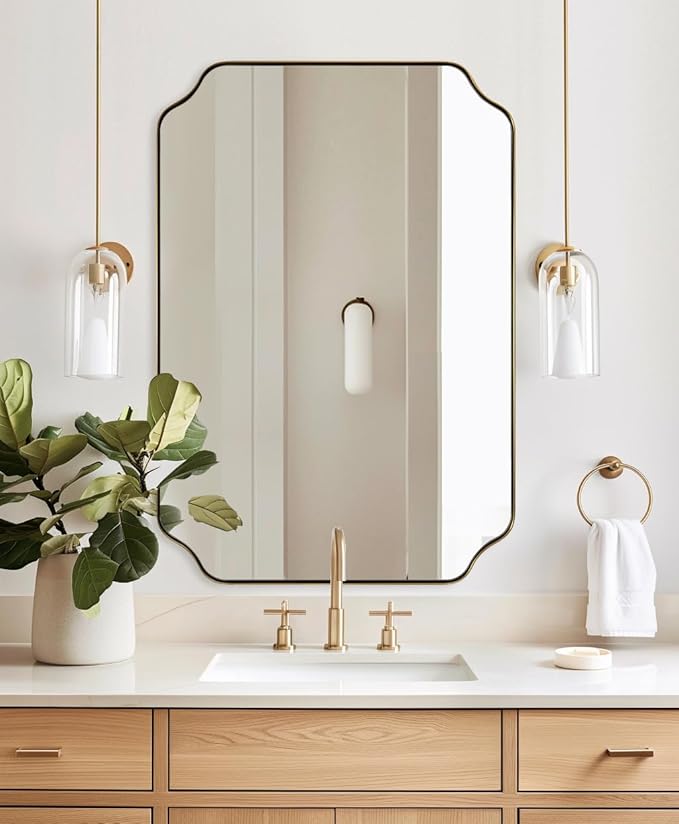 ANDY STAR 26"x38" Gold Mirror, Brushed Brass Scalloped Wall Mirror, Unique Rectangle Mirror, Bathroom Mirror in Anti-Rust Stainless Steel Metal Frame, 1’’ Deep Wall-Mounted Vertically/Horizontally