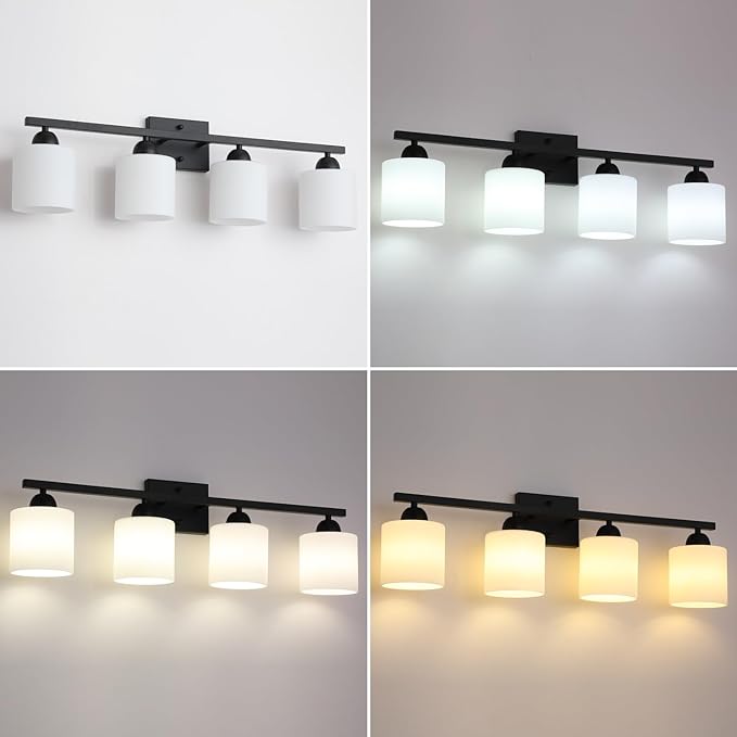 Milk Glass Vanity Lights for Bathroom, 4 Light Matte Black Bathroom Light Fixtures Over Mirror, Ceramic E26 Sockets Wall Mounted