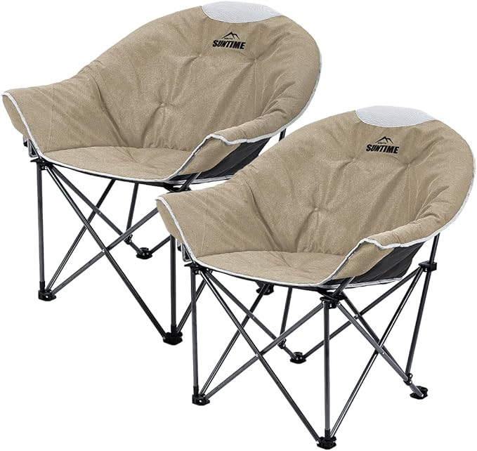 OUTDOOR LIVING SUNTIME Oversized Padded Camping Chair,Portable Comfy Outdoor Folding Moon Round Saucer Chairs for Adults with Holder and Carry Bag, Perfect for Hiking Lawn Patio Sports(Beige 2 Pack)