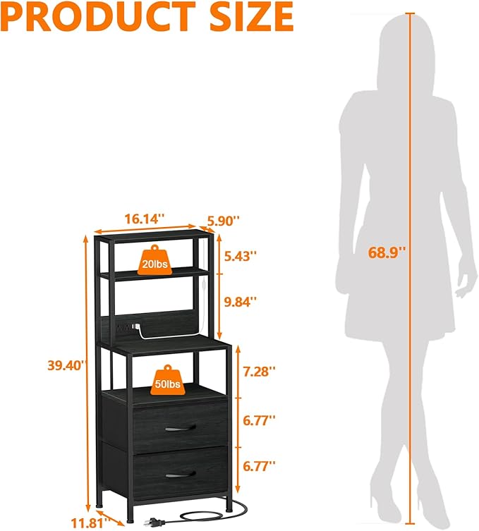 Furnulem Night Stand, Tall Nightstand with 4-Tier Shelves, 2 Fabric Drawers and Light Tube, Bed Side Tables with Charging Station, Bedside Table for Bedroom, Office, Black Oak