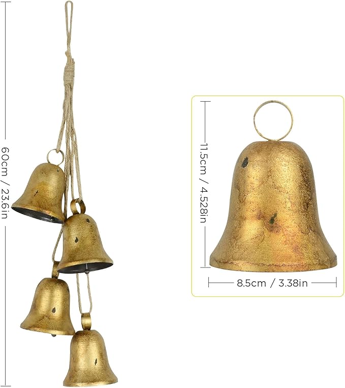 styleonme Decorative Bells, 4-Piece Set of Harmonious Bells, Vintage Handmade and Rustic Lucky Christmas Bells Hanging on a Rope, Gifts for Mom, Grandma, and Women