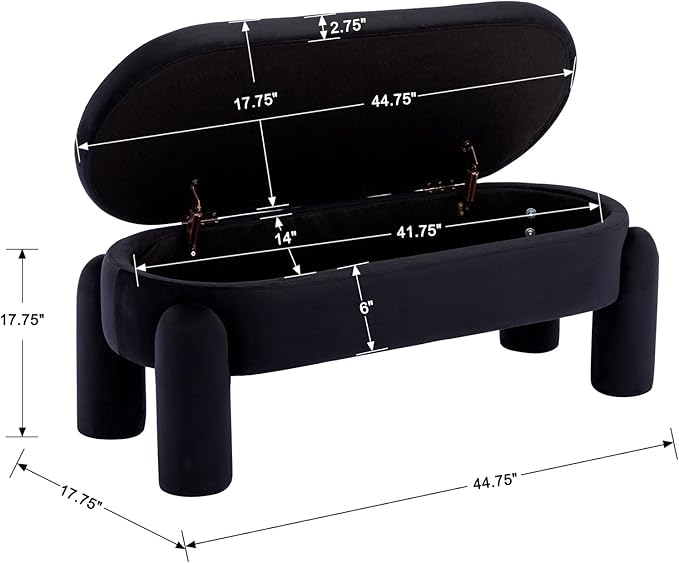 DUOMAY Storage Ottoman Bench, Velvet Upholstered Fabric Storage Bench End of Bed Stool for Bedroom Living Room Entryway, 44.75" Width, Black