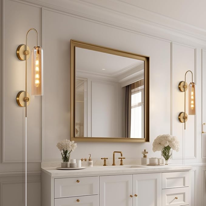 BOKT Modern 1-Light Amber Glass Wall Sconce Plug in Mid Century Brass Gold Wall Sconce Lighting Plug in Cord Industrial Vintage Indoor Long Bathroom Bar Wall Lamp (Amber)