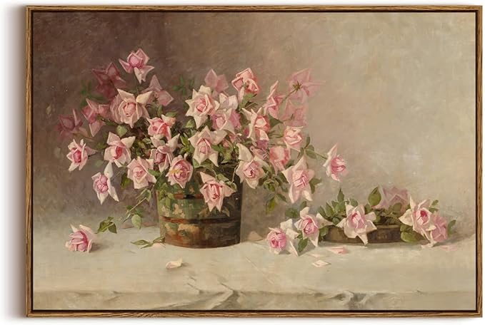 KISSFOX Vintage Floral Canvas Wall Art Framed Retro Pink Flower Botanical Painting Prints Farmhouse Rustic Still Life Roses Pictures Decor Gallery Office Living Room Bedroom Bathroom