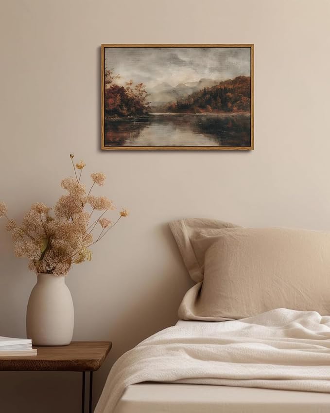 KISSFOX Vintage Autumn Lake Landscape Canvas Wall Art Fall Moody Farmhouse Rustic Country Painting Framed Wall Art Prints Artwork For Living Room Bedroom Kitchen