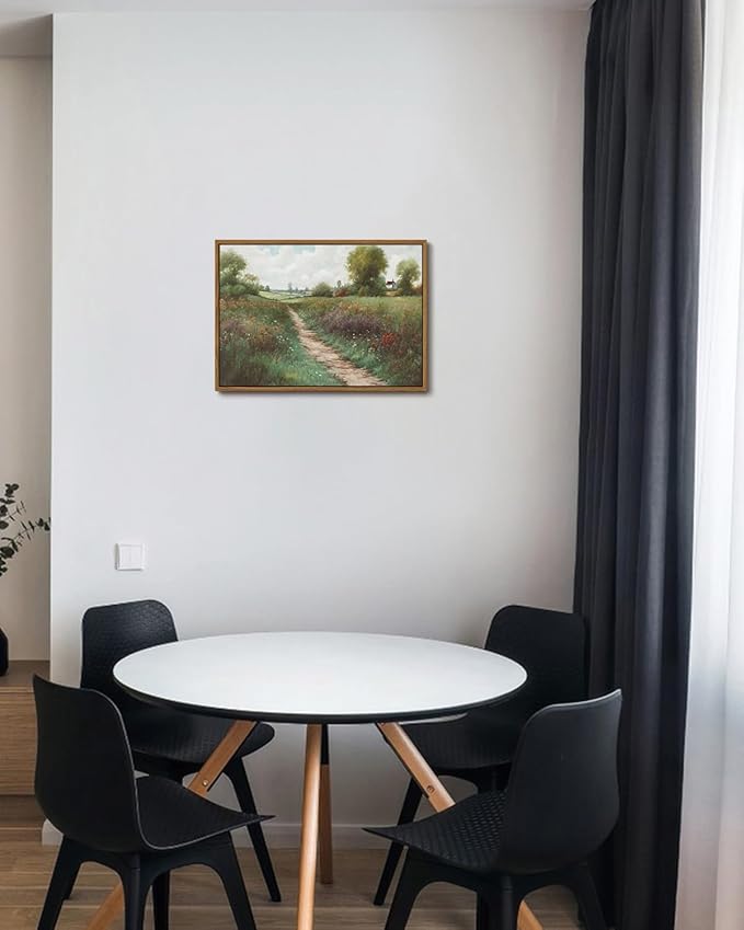 KISSFOX Vintage Landscape Canvas Wall Art Summer Farmhouse Wildflower Field Path Framed Wall Art Natural Countryside Cottagecore Paintings Artwork Rustic Art Prints For Bedroom Bathroom Living Room