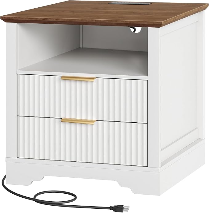 Farmhouse Fluted End Table with Charging Station, 24'' Sofa Side Table with 2 Drawers, Farmhouse Bedside Table with Storage, Large Nightstand for Bedroom, Living Room, White and Walnut