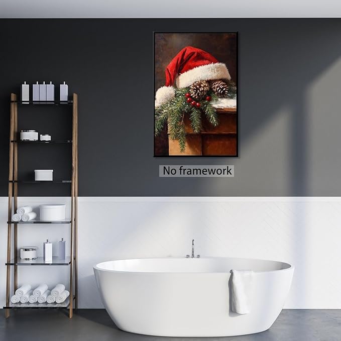 Vintage christmas wall art santa hat painting pine cone winter cottagecore canvas poster for christmas home decor bedroom living room Unframed8x12inch