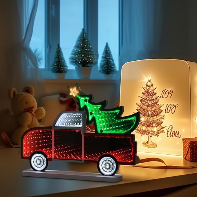 MEETYAMOR Christmas Decorations Indoor, Christmas Tree Truck Infinity Mirror Tunnel Light, 3D Endless Extension LED Night Lamp, USB Powered Colorful Table Centerpiece for Living Room Home Decor