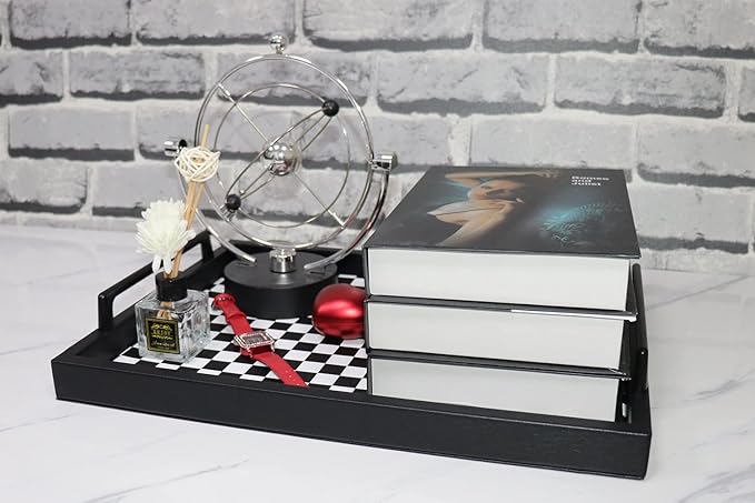 MCBZ Living Room Coffee Table Decorative Tray, Food Service Tray, Leather Ottoman Tray,with Metal Handles 16.5 x 12.6 in (Black and White Grid)