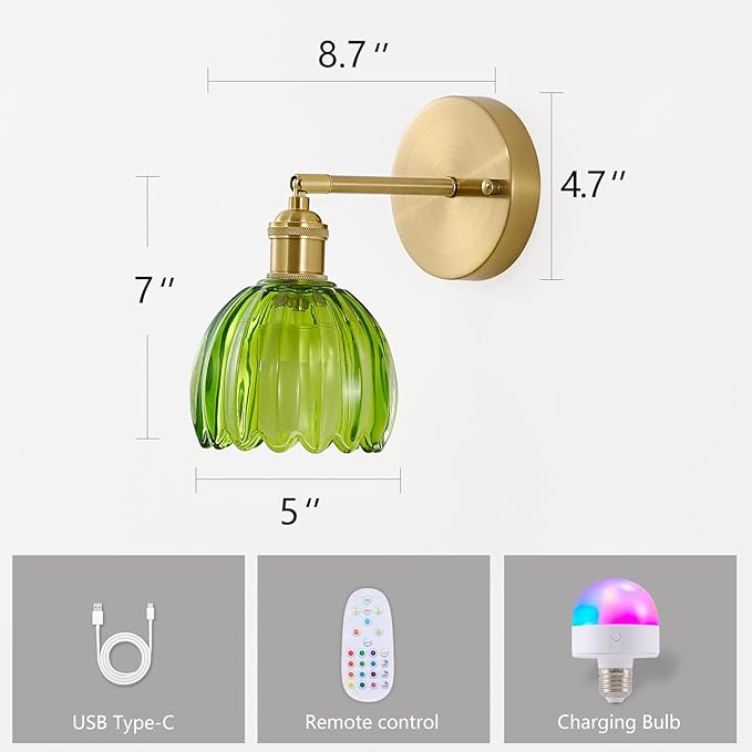 Vintage Battery Operated Wall Sconces with Remote, 180 Degree Adjustable, Modern Battery Powered Wall Lighting Fixture with Green Tulip Glass Lampshade for Bedroom Bedside Bathroom-2Pack