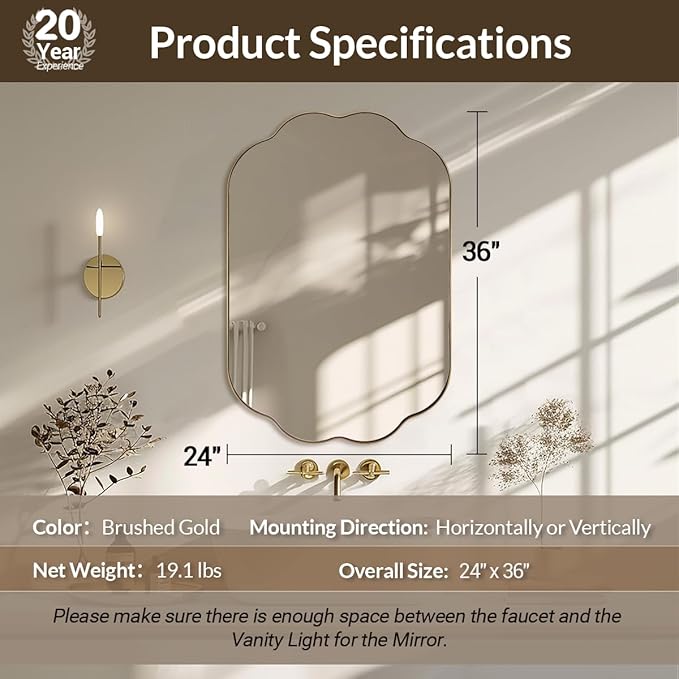 ANDY STAR Scalloped Bathroom Mirror, 24x36 Inch Brushed Gold Vanity Mirror in Stainless Steel Metal Frame, Unique Oval Mirror with Modern Curved Edge Design, Ideal for Bathroom, Bedroom, Entryway