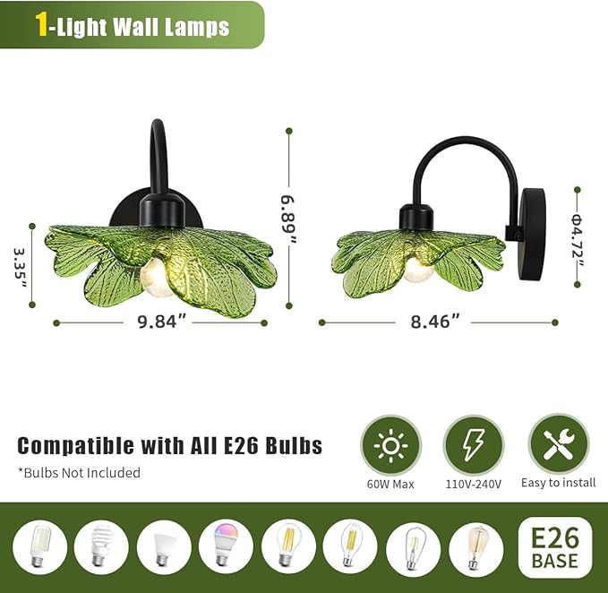 Matte Black Vanity Light Bathroom Wall Sconce 1-Light Vintage Wall Sconce Lights Wall lamp with Green Glass Shade Bathroom Vanity Light Over Mirror for Bedroom Hallway Living Room