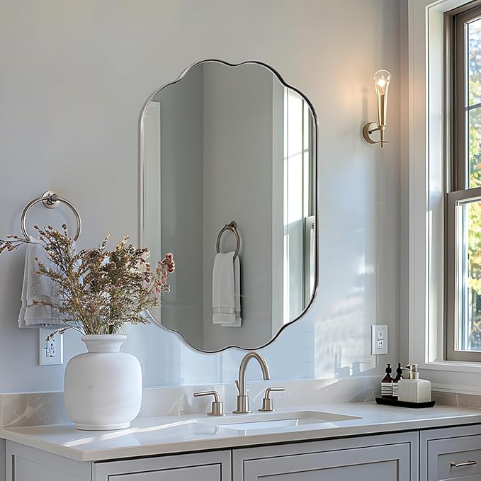ANDY STAR Scalloped Bathroom Mirror, 24x36 Inch Polished Chrome Vanity Mirror in Stainless Steel Metal Frame, Unique Oval Mirror with Modern Curved Edge Design, Ideal for Bathroom, Bedroom, Entryway