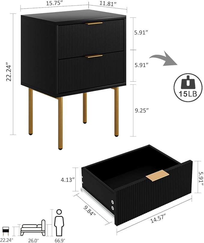 Masupu Nightstand,Mid-Century Modern Bedside Table with 2 Storage Drawer,Small Gold Frame Side End Table for Bedroom,Living Room, Black