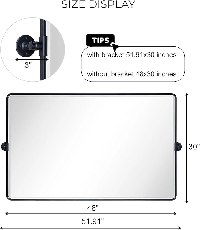 TEHOME Matt Black Horizontal Pivot Bathroom Vanity Mirror Large 30x48'' Black Metal Framed Rectangle Tilting Beveled Vanity Mirrors for Wall, Overall 51.91 x 30 inches (Mirrror 48 x 30 inches)