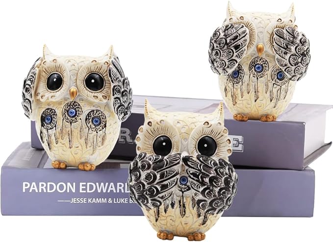3 Owl Figurines Decor, Owl Statue Figurine, See No Hear No Speak No Evil Ornaments, Crafted Animal Sculpture, Cute Owls Decoration for Living Room, Office, Bookshelf, Bedroom - White