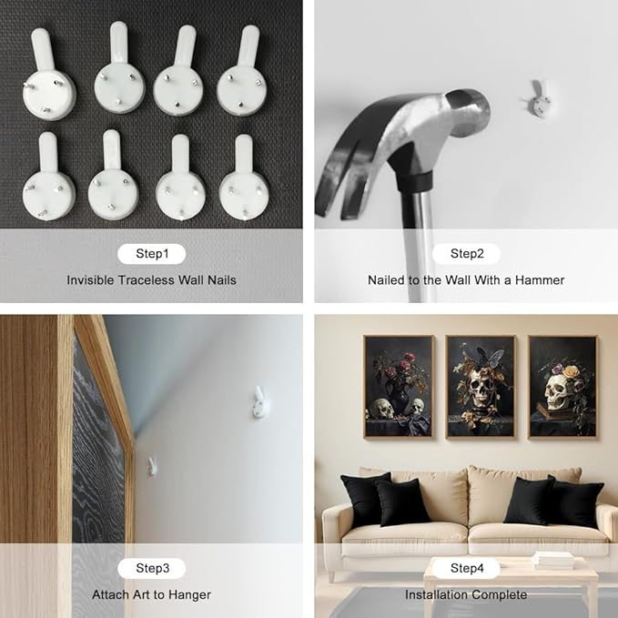 Large Vintage Skull Halloween Floral Framed Canvas Wall Art Set, Abstract Skeleton Butterfly Wall Decor,Moody Dark Rose Artwork for Living Room,Bedroom,Dining Room,Office -16"x24"x3