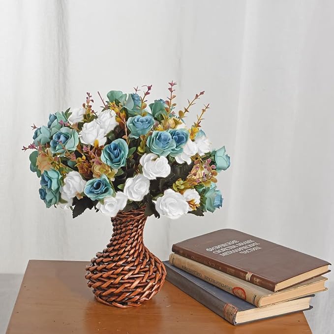 4 Bunches of Artificial Roses. 48 Small Roses. Plastic Silk Flower .Suitable for Plant Decoration of Family Hotel Wedding Christmas.(Peacock Blue)