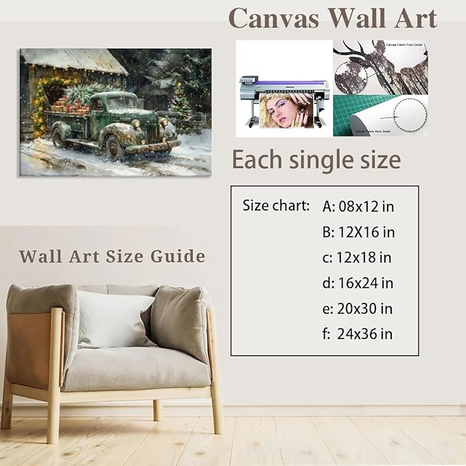 Medpol Vintage christmas truck wall art festive holiday decor canvas poster winter christmas gift snowy barn and tree for countryside cottage decor Framed36x24inch