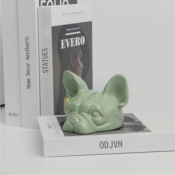 Green Dog Head Statue - Handmade Ceramic Bulldog Figurines for Home Office Decor, Healing Gifts for Dog Lovers (Green, 5.31"×4.72"×3.74")