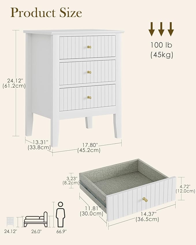 Fluted Nightstand, Farmhouse Night Stand with 3 Drawers, Mid Century Modern Side Accent Table,Bedside End Table for Bedroom, Living Room, White