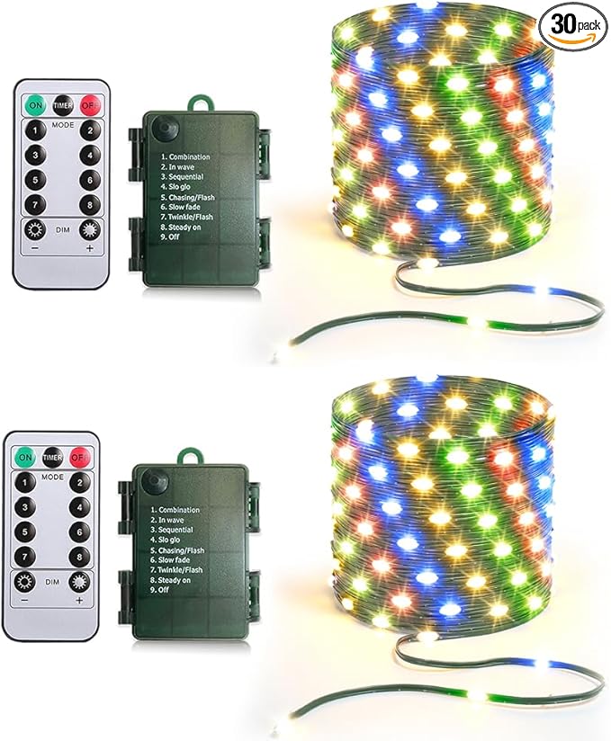 33ft Battery Operated String Lights (2 Pack), 100 LED Fairy String Lights Battery Powered w/Remote & Timer for Indoor Outdoor Christmas Trees Wreath Decoration Bedroom Patio - Multicolor