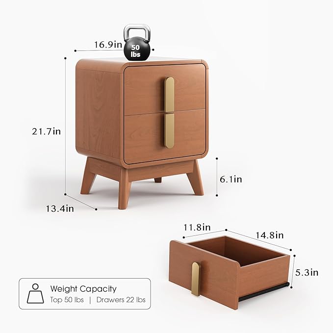 Nights tand Set 2, Mid Century Modern Bedside Table with Drawers, Curved Profile Design End Table with Metal Handle, Nightstand Set of 2 with Storage, Bed Side Tables for Bedroom, Cherry