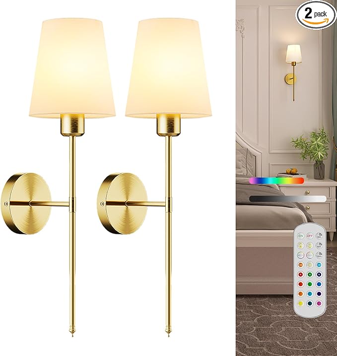 Battery Operated Wall Sconce Set of 2,Rechargeable Wall Lights with Dimmable Detachable Bulbs and Remote,15 Colors Wireless Wall Lamps for Bedroom Living Room Hallway,Gold(2 Pack)
