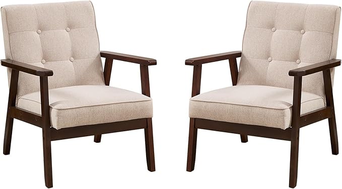 Bonzy Home Fabric Mid-Century Modern Accent Chair Set of 2, Upholstered Armchair with Solid Wood Frame, Reading Chair for Living Room, Bedroom