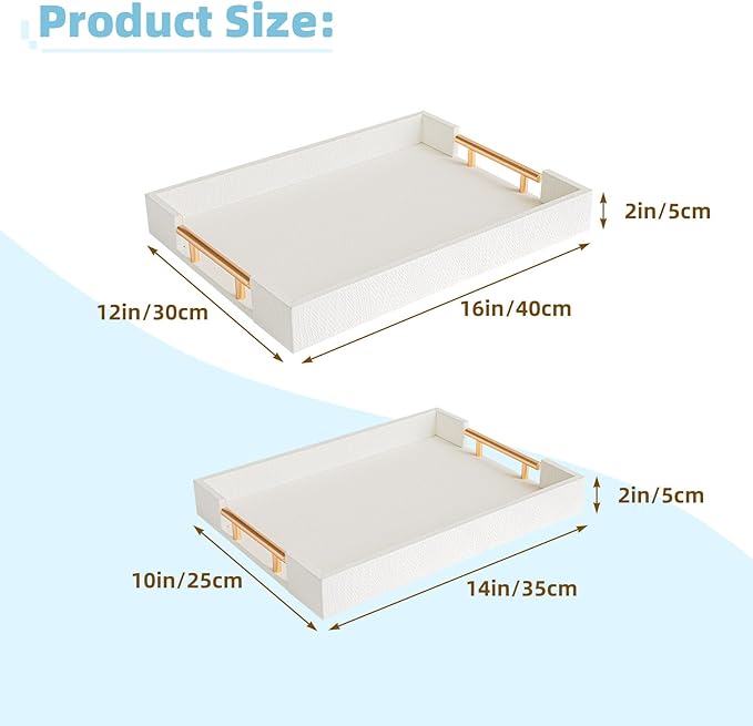 2 Piece Woven Leather Ottoman Tray with Gold Handles, Perfect Rectangular Serving Tray for Living Room, Coffee Table Tray as Thoughtful Gift for Home Decor Enthusiasts (White)