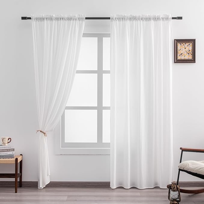 Non-See-Through White Privacy Semi Sheer Curtains 84 Inches Long Light Filtering Sheer Window Curtains Drapes for Living Room Bedroom 2 Panels Set, 42" W x 84" L, White